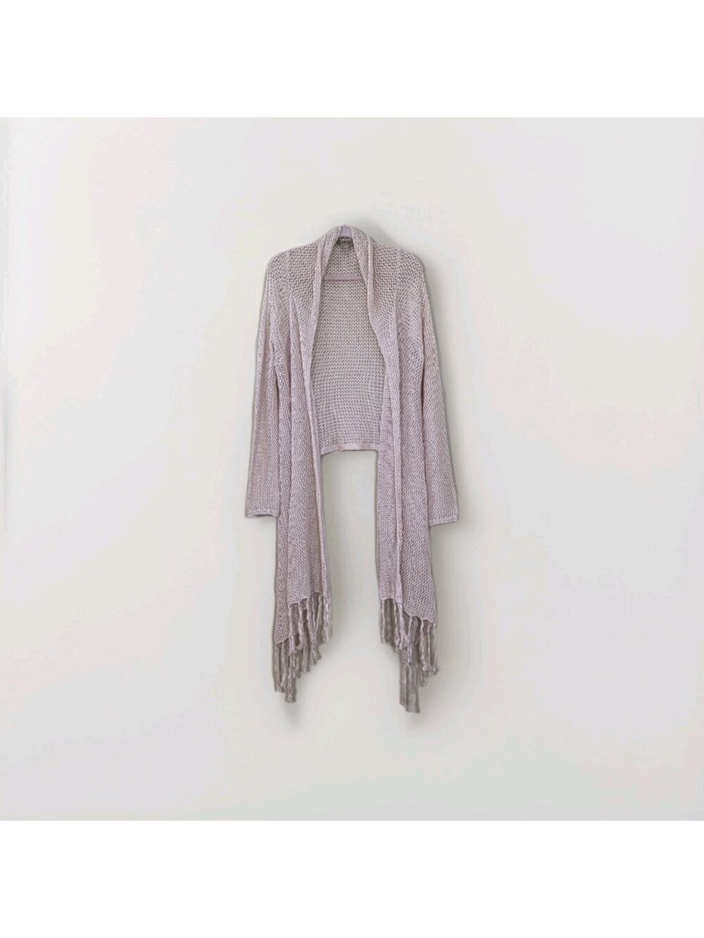 Democracy Open Knit Fringe Hem Cardigan L Cream Asymmetrical Waterfall Boho Edgy